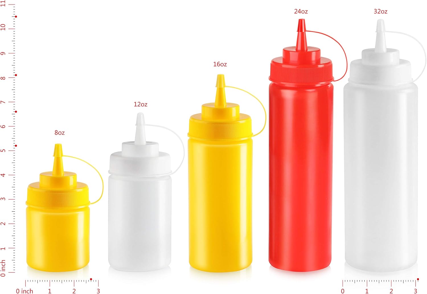 New Star Foodservice 26528 Plastic Squeeze Bottles with Cap and Scale, Wide Mouth, 16 oz, Yellow