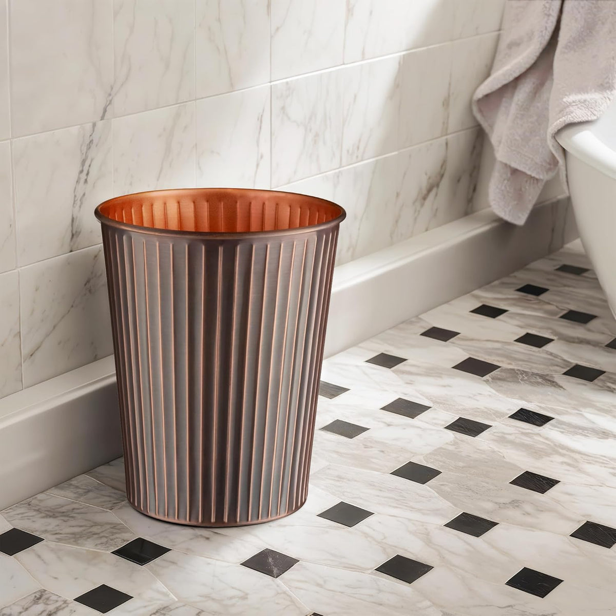 Monarch Abode Antique Copper Handcrafted Ridge Embossed Metal Wastebasket for Home Office