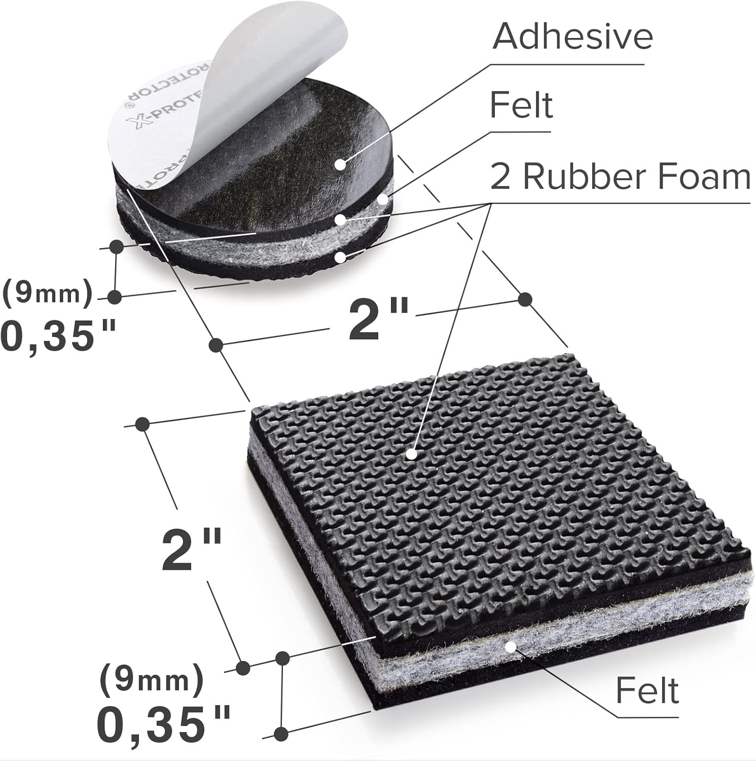 Non Slip Furniture Pads X-PROTECTOR - 16 pcs 2" - Premium Furniture Grippers! Rubber Feet Hardwood