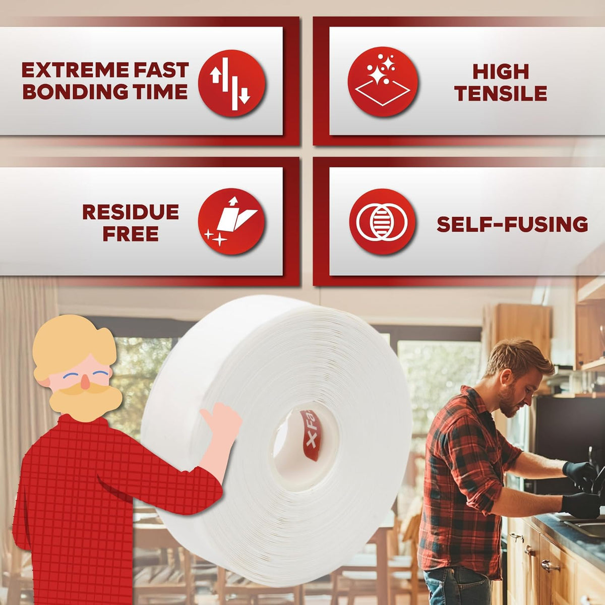 XFasten Self Fusing Silicone Tape Waterproof White – 1" x 36 Feet (3-Pack 108ft), Self Amalgamating