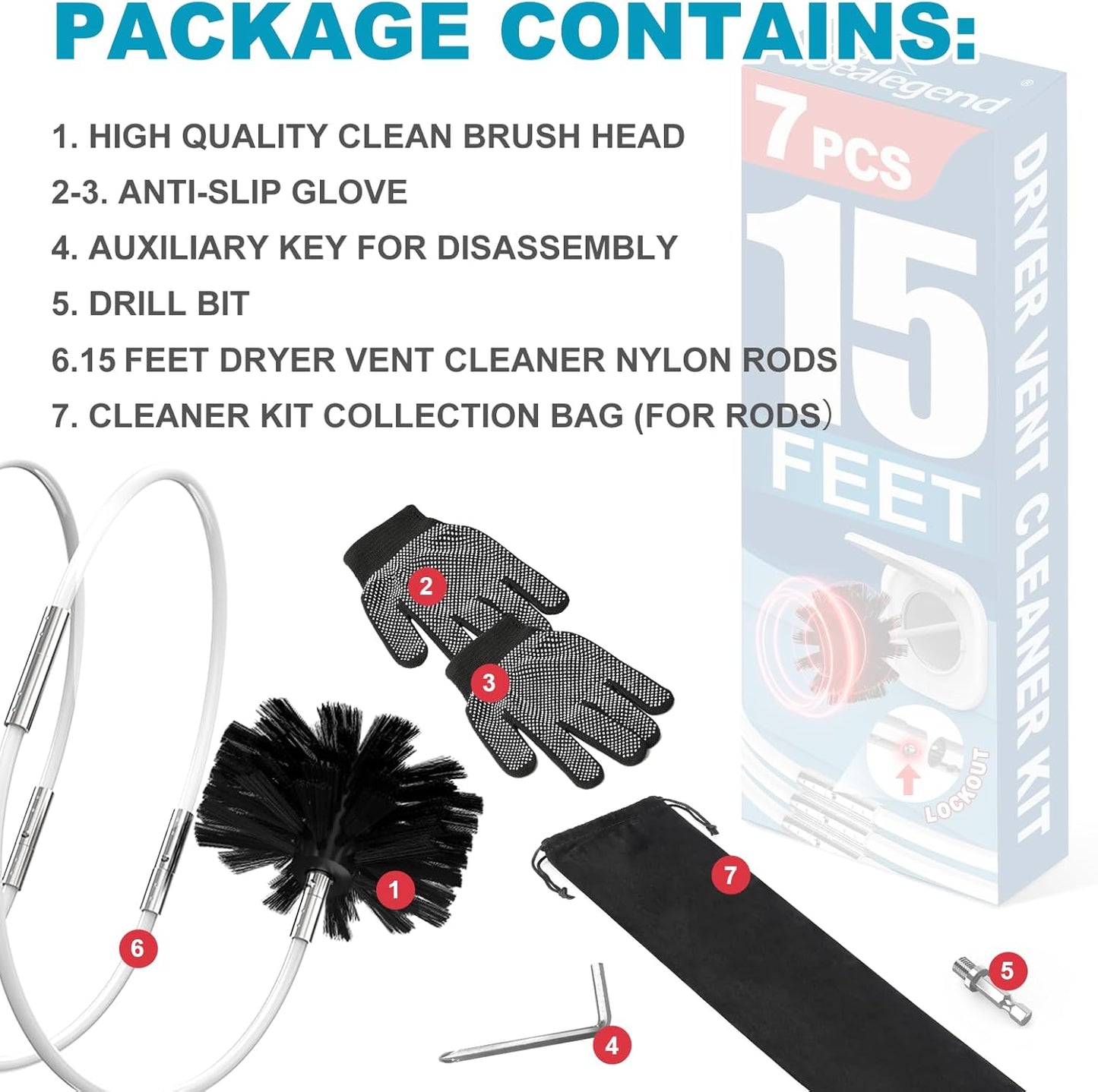 Sealegend 15 Feet Dryer Vent Cleaner Kit/Lint Remover/Upgraded Flexible Quick-Snap Brush with Drill