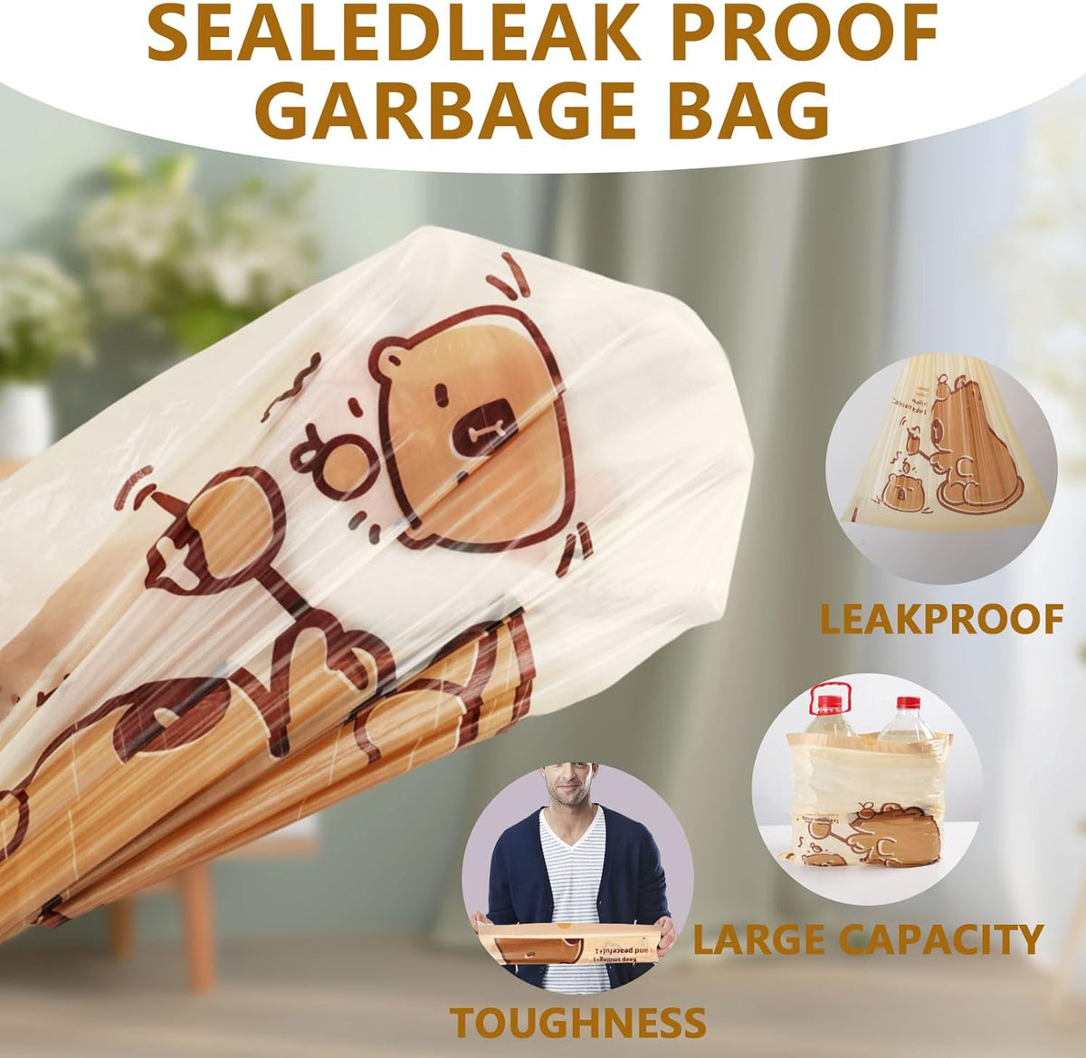 VOK 8 Gallon Trash Bags with Capybara Printed, Drawstring Medium Garbage Bags, Tear-Resistant &