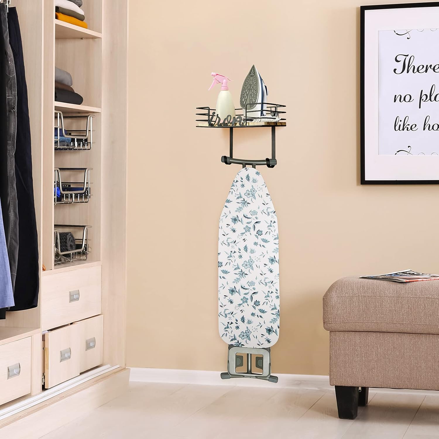 TJ.MOREE Hanger wall mount - Laundry Room Iron and ironing board Holder, Metal with Large Storage