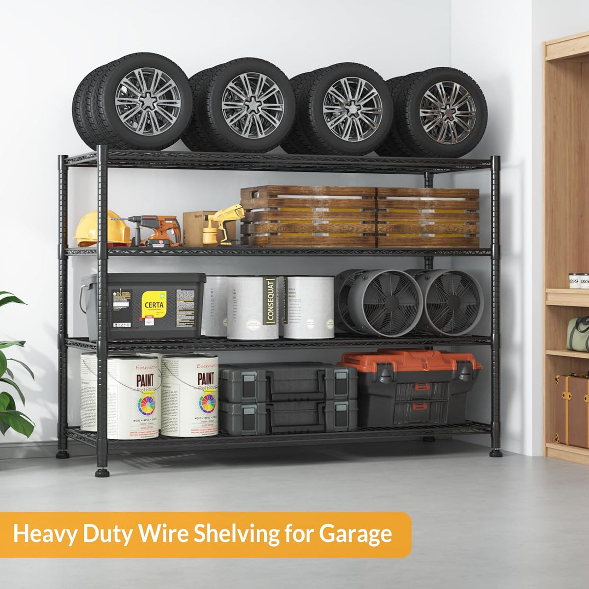 Himimi Storage Shelves with Wheels, 4-Tier Heavy Duty Steel Wire Rack Storage Shelving, Adjustable