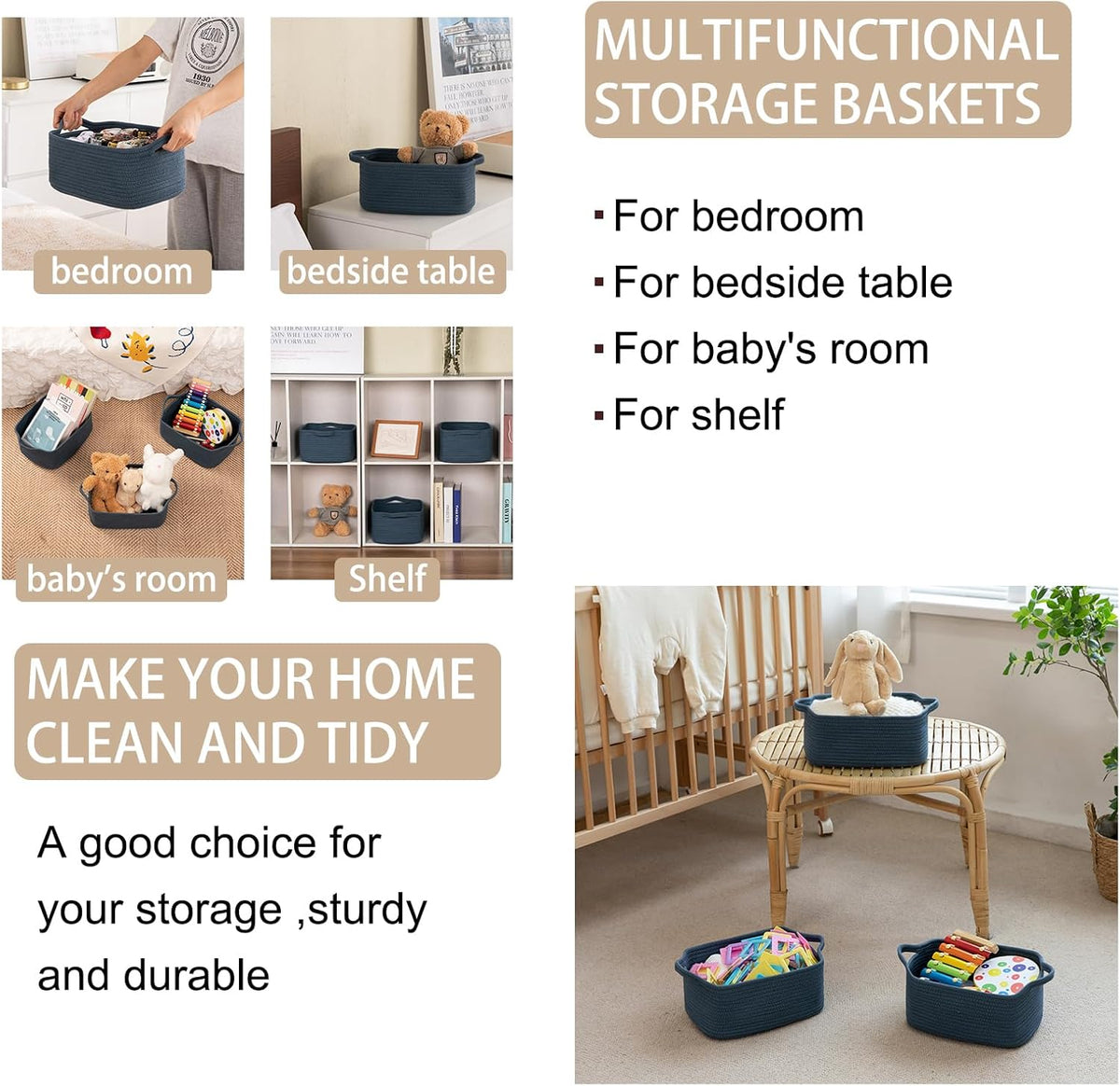 OIAHOMY Cotton Rope Woven Baskets for Storage, Nursery Rectangle Storage Basket with Handles for