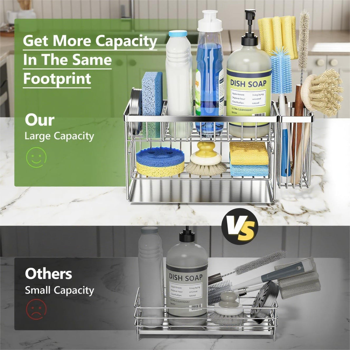 Cisily Silver 2-Tier Kitchen Sink Caddy Organzier Rack with Flexible Dish Brush Holder, Sponge
