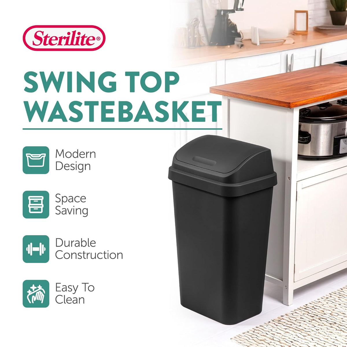 Sterilite 8-Pack Swing Top Wastebasket, Sleek Square Profile Trash Can, 13 Gallon, Black - Modern