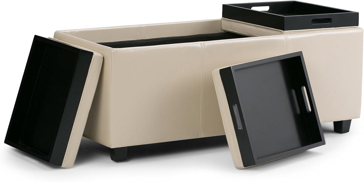 SIMPLIHOME Avalon 42 inch Wide Contemporary Rectangle Storage Ottoman in Satin Cream Vegan Faux
