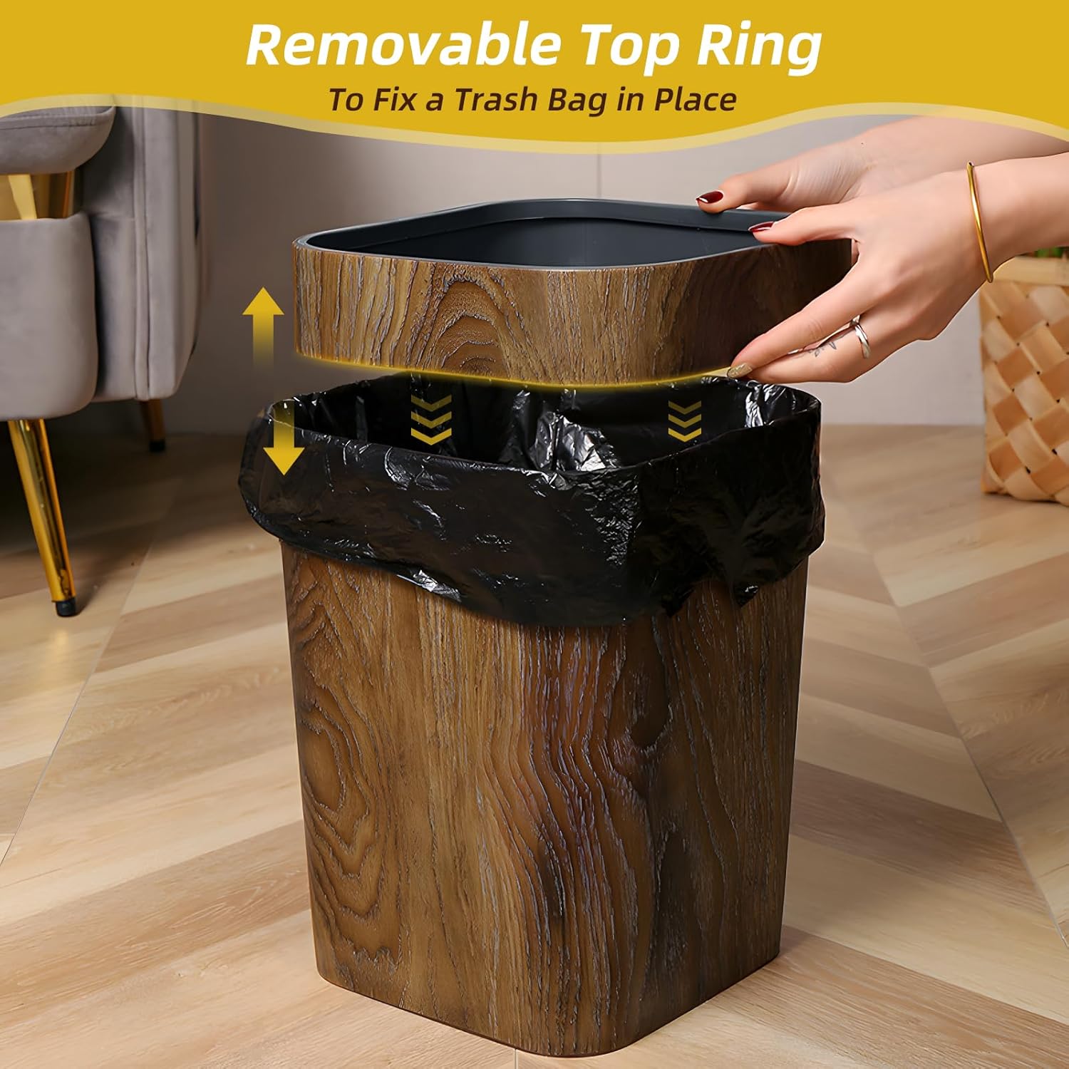 Wood Grain Plastic Trash Can Bedroom, Square 2-Pack, 3.7 Gal Farmhouse Wastebasket Bin Retro Style