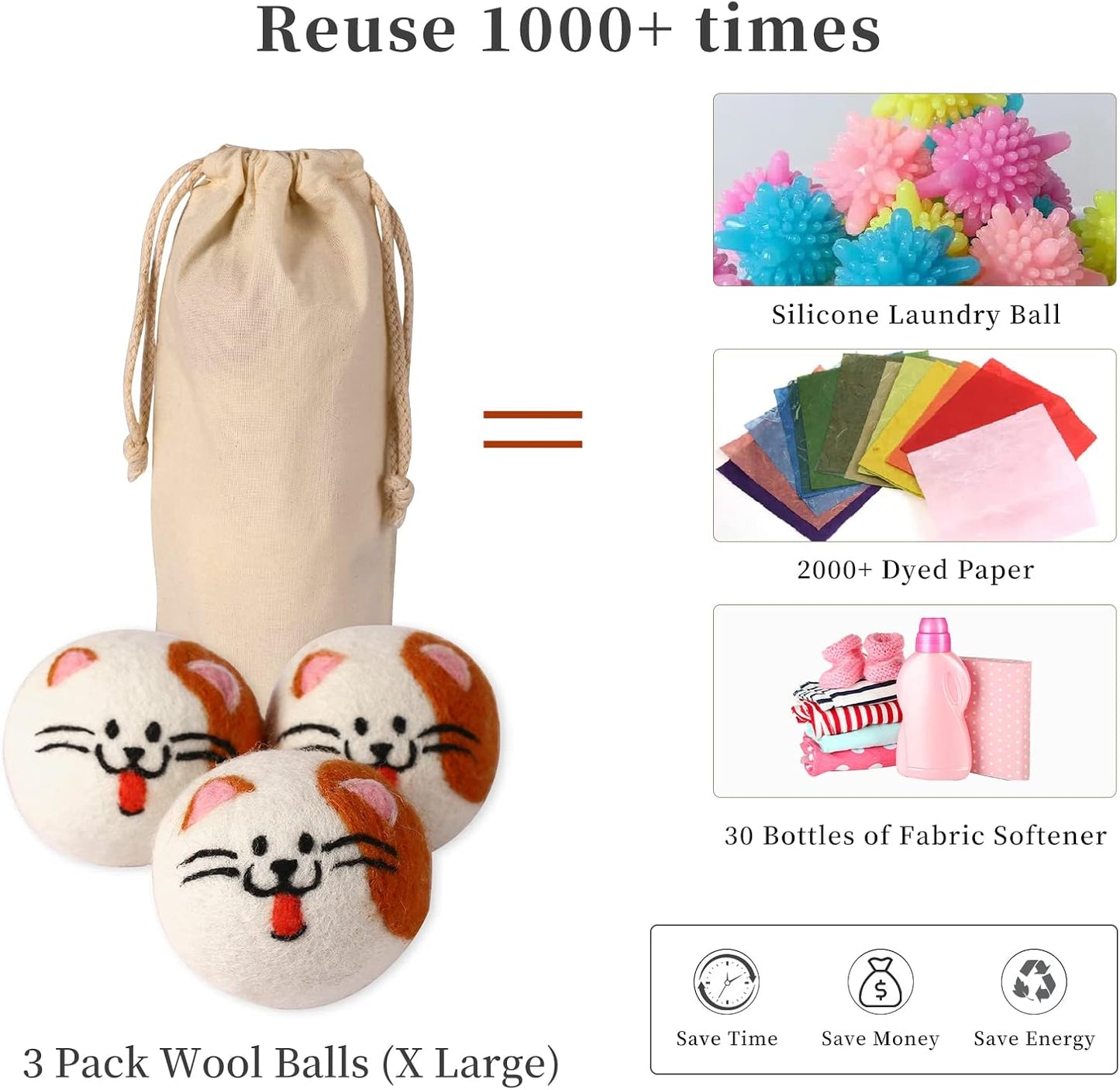 Wool Dryer Balls XL, Cute Cat Face Shape Handmade Dryer Balls Laundry Reusable, Fabric Softener