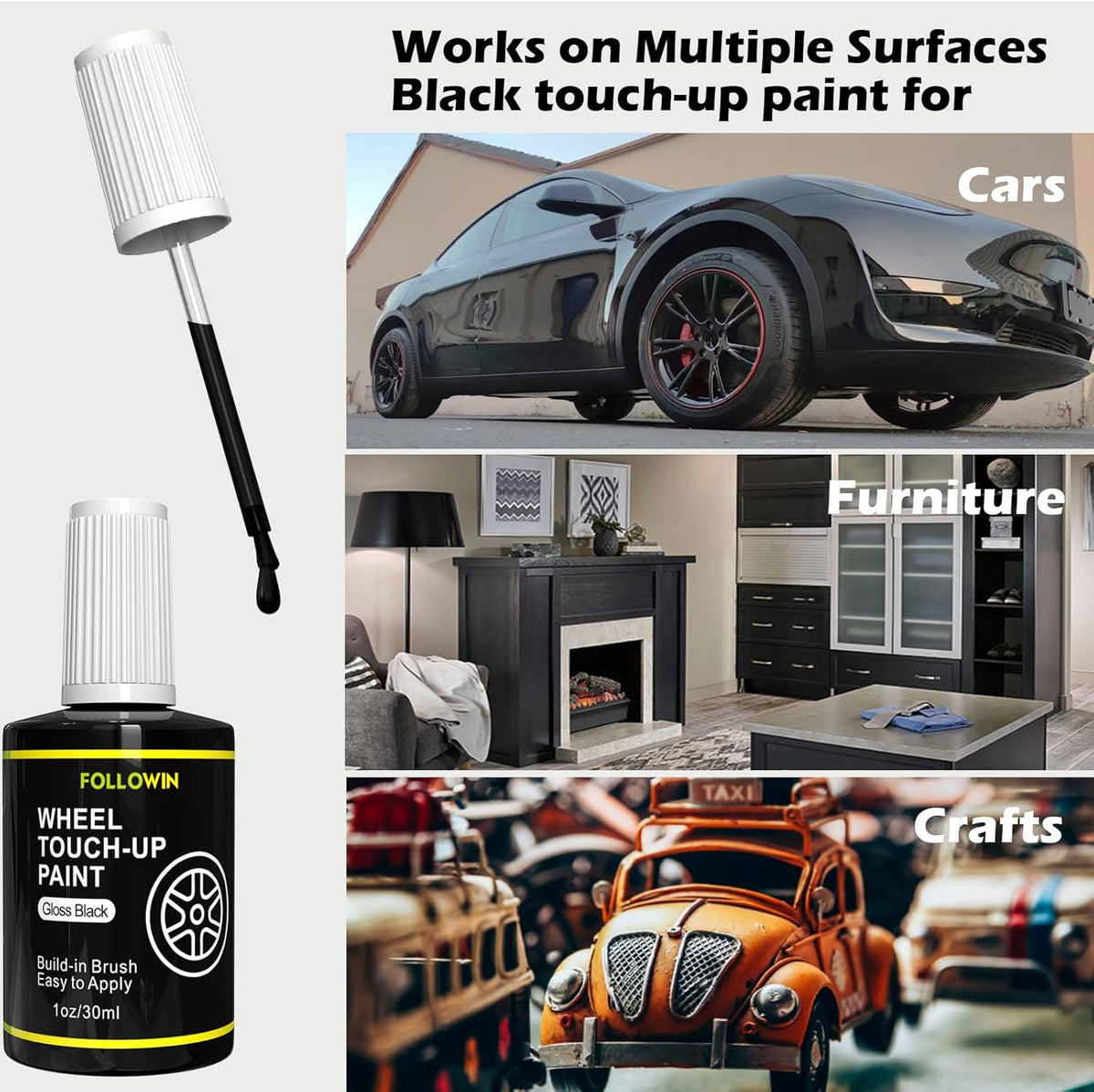 FOLLOWIN Gloss Black Rim Touch Up Paint for Cars, Wheel Rim Paint Repair Kit,Automotive Rim Scratch