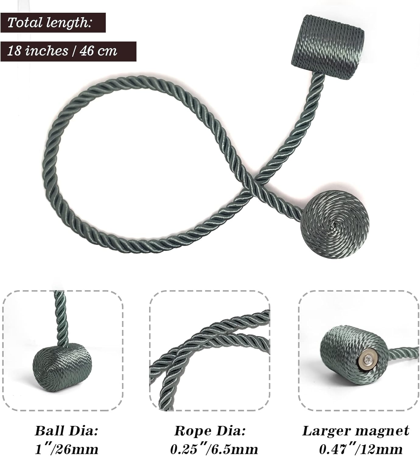 Hion Magnetic Curtain Tiebacks Gray Blue 2pcs, Curtain Tiebacks Buckles Holdbacks Holders Hooks