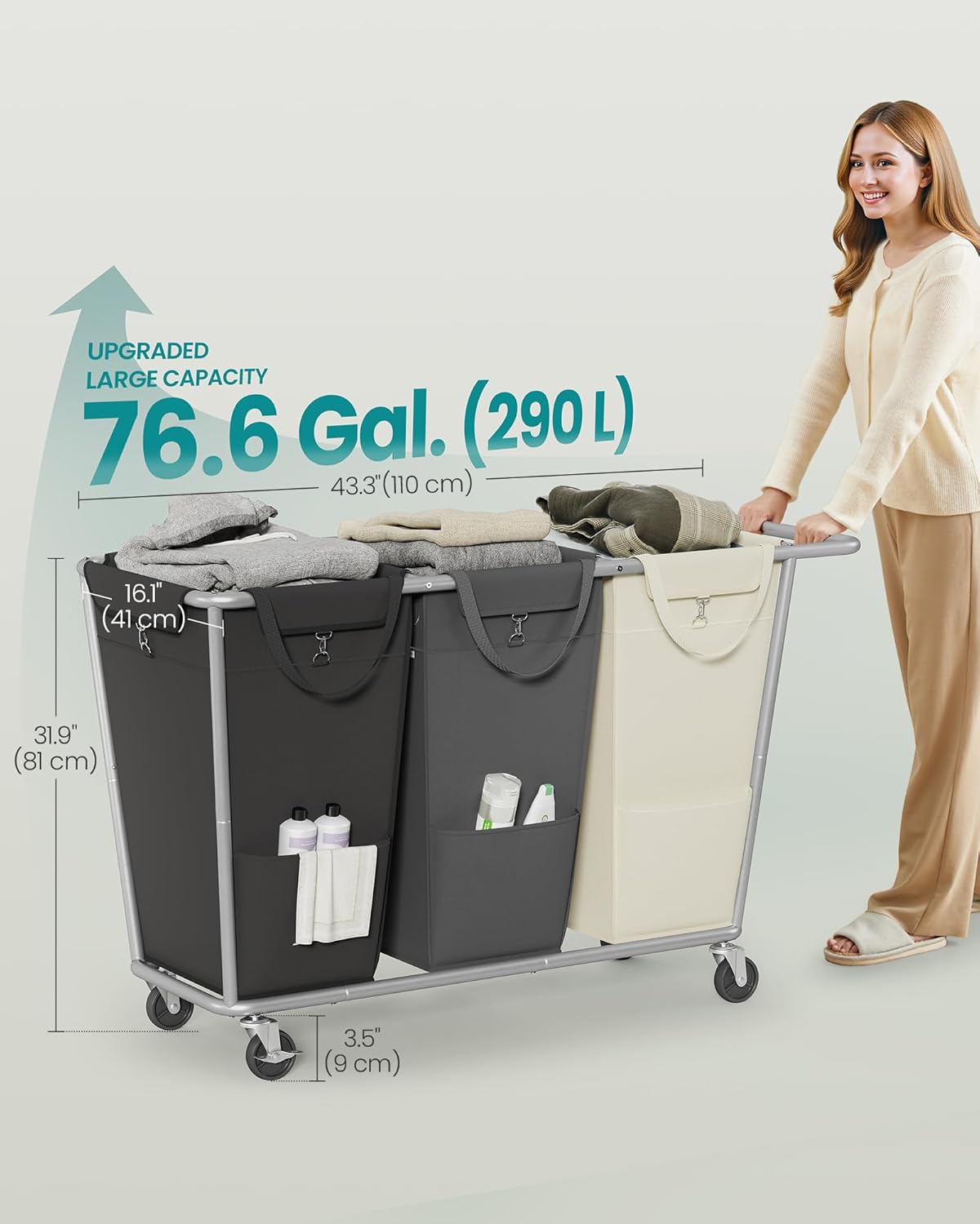 SONGMICS Laundry Basket with Wheels, 76.6 Gallons (290 L), 3-Section Rolling Laundry Hamper with