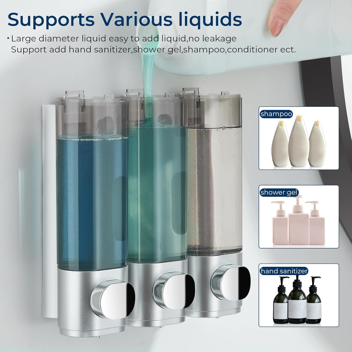 Shampoo and Conditioner Dispenser, Pollock Shower Soap Dispenser 3 Chamber No Drill, Wall Mounted
