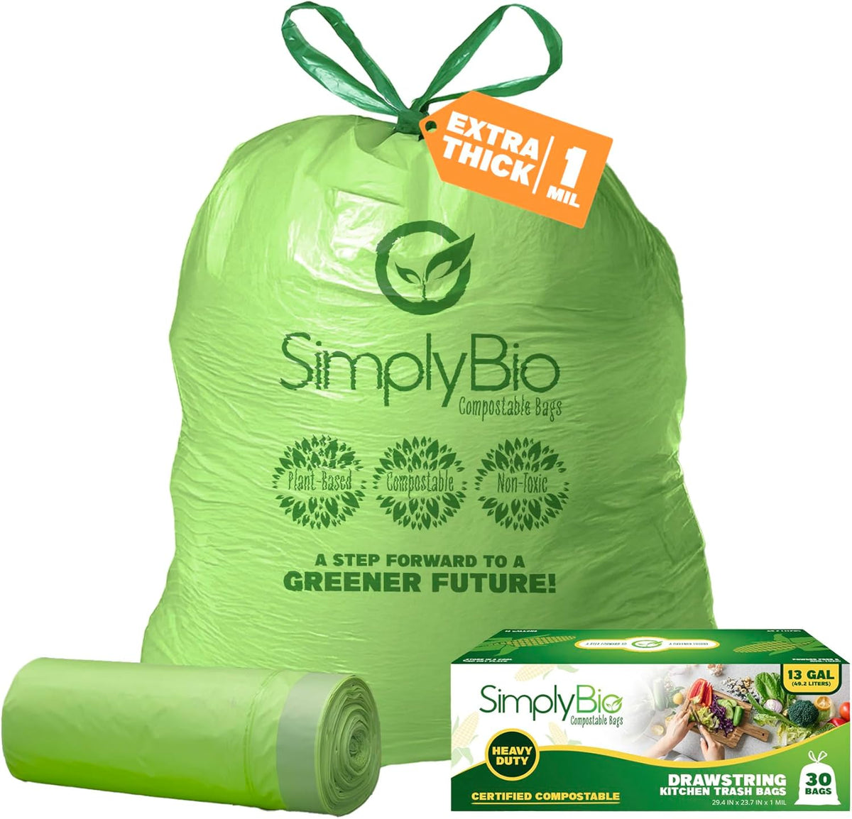 Simply Bio 13 Gallon Compostable Trash Bags Liners Drawstring, Heavy Duty Extra Thick 1 Mil, 49.21