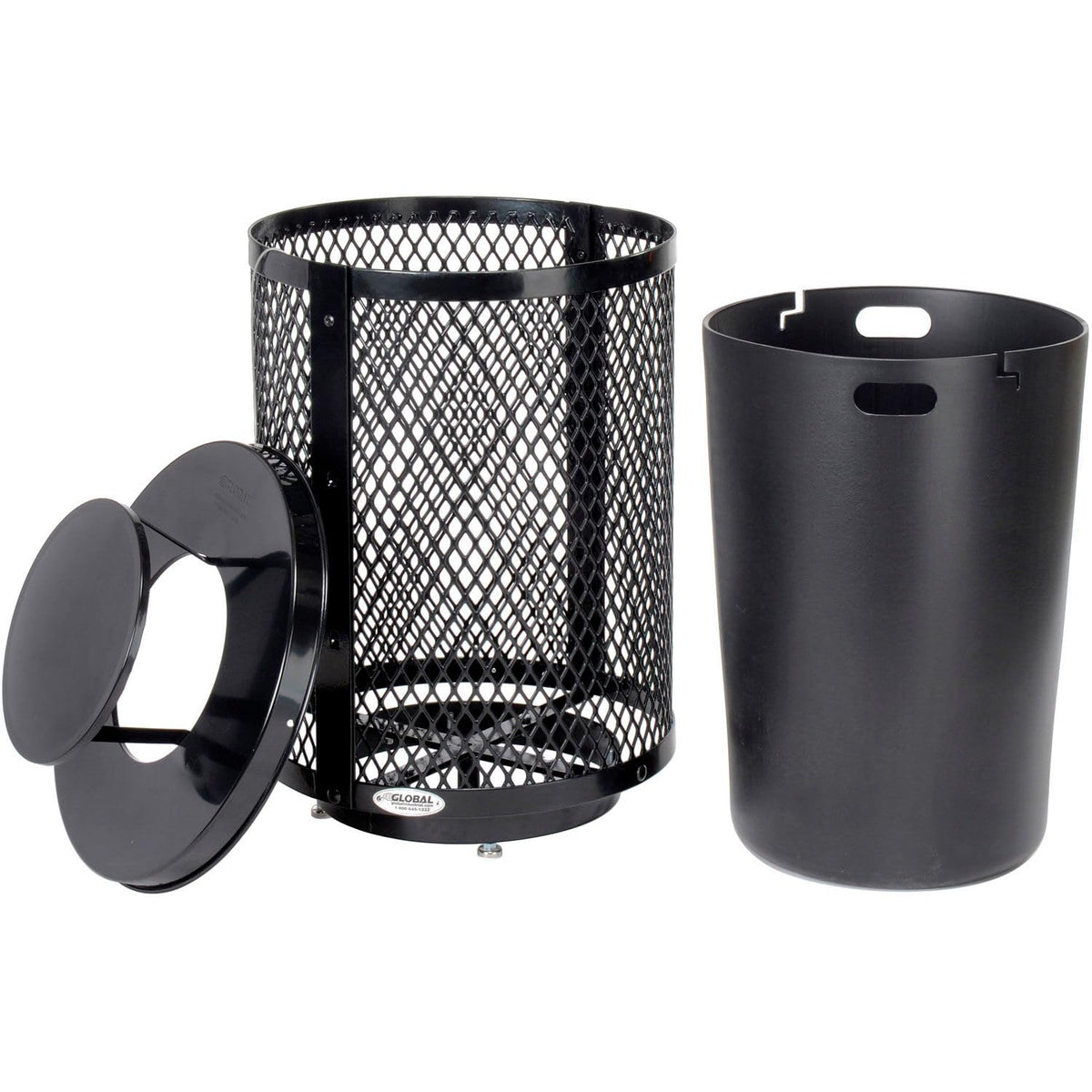 Global Industrial Outdoor Diamond Steel Trash Can with Rain Bonnet Lid, Raised Base and Plastic