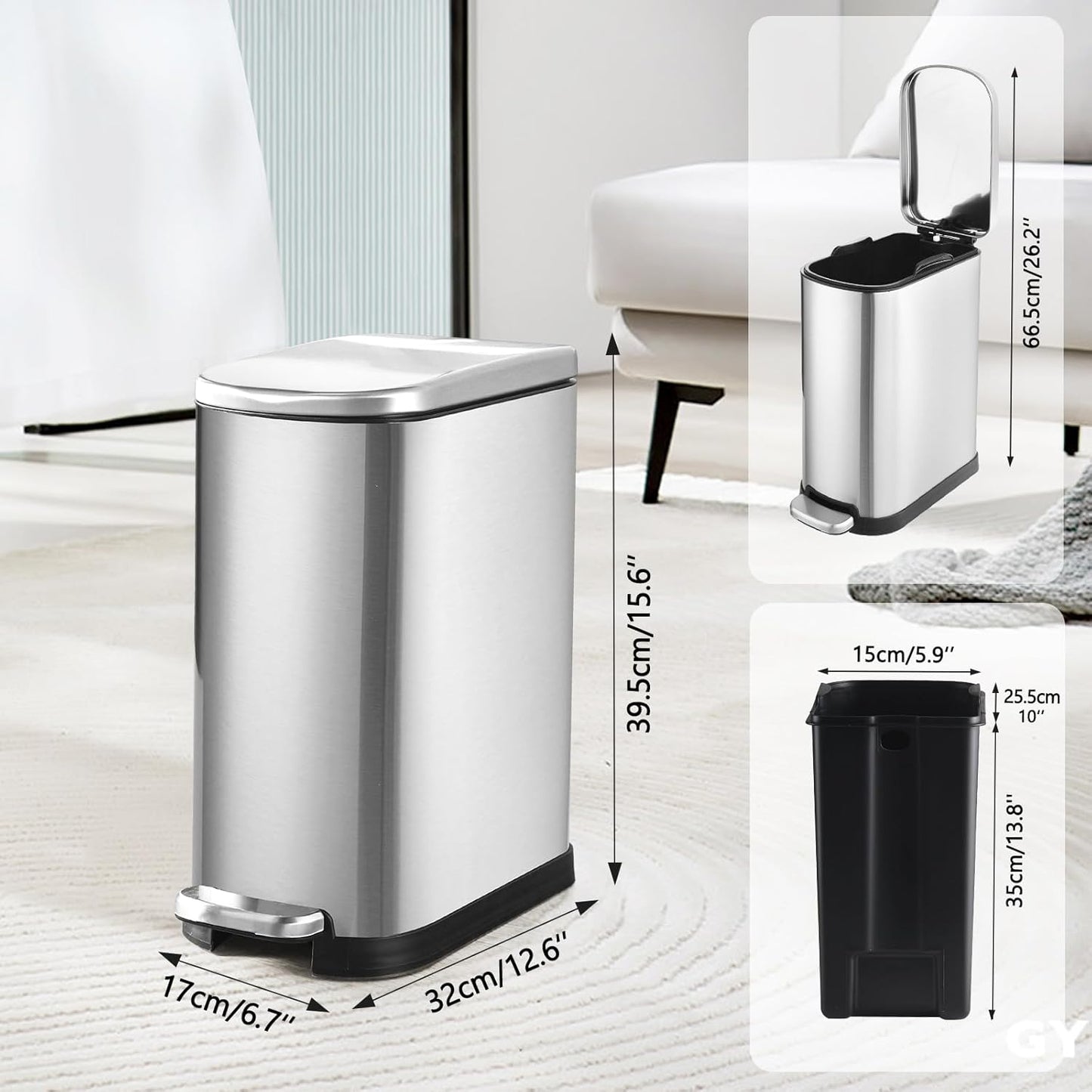 Bathroom Trash Can with Soft-Close Lid 3.5 Gallon Stainless Steel Garbage Can with Removable Inner
