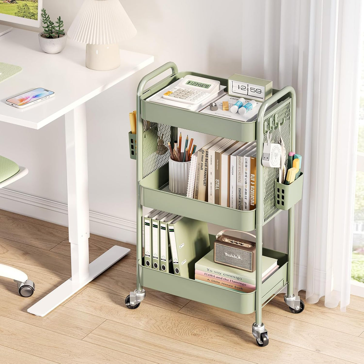 TOOLF 3 Tier Rolling Cart Storage Organizer, Metal Rolling Utility Cart with Wheels, Hooks & Bins