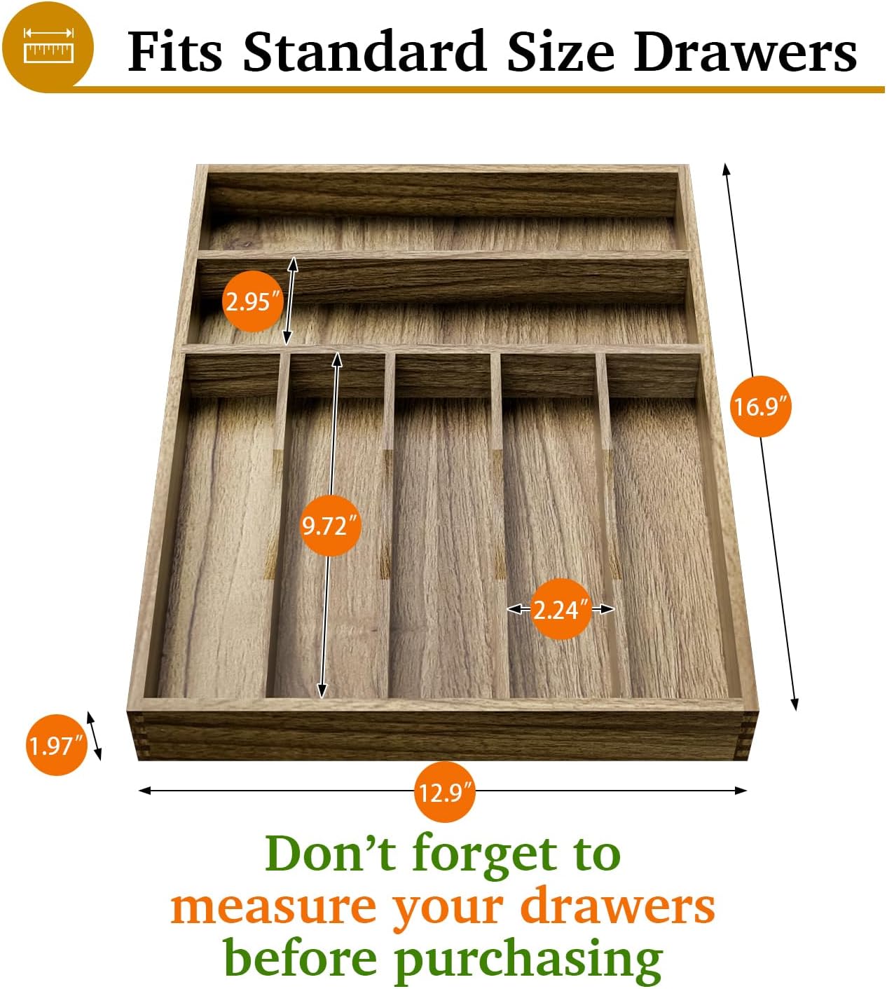 Acacia Wood Silverware Drawer Organizer, Kitchen Utensil Cutlery Drawer Organizer with Grooved