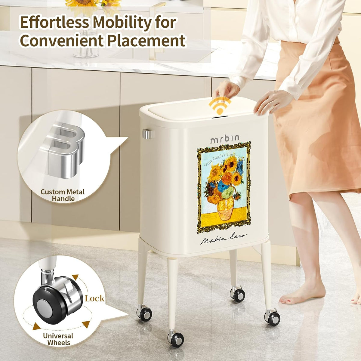 MRBIN Metal Motion Sensor Kitchen Trash Can with Wheel Legs, 36L / 9.5gal Medium Press Lid Slim