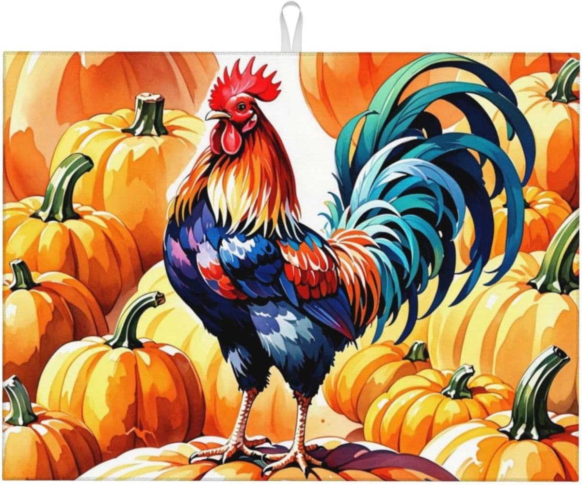 Rooster Pumpkin Dish Drying Mat Highly Absorbent Double-Sided Microfiber with Hanging Loop