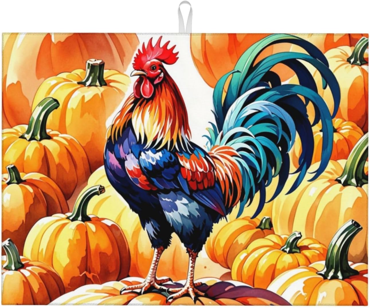 Rooster Pumpkin Dish Drying Mat Highly Absorbent Double-Sided Microfiber with Hanging Loop