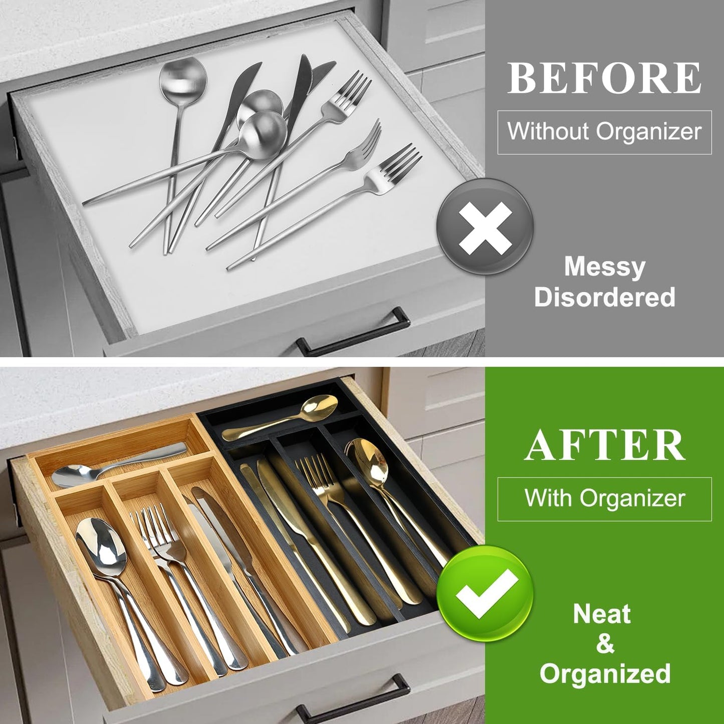 Small Wooden Silverware Organizer Tray Narrow Kitchen Drawer Dividers Utensil Organizers and