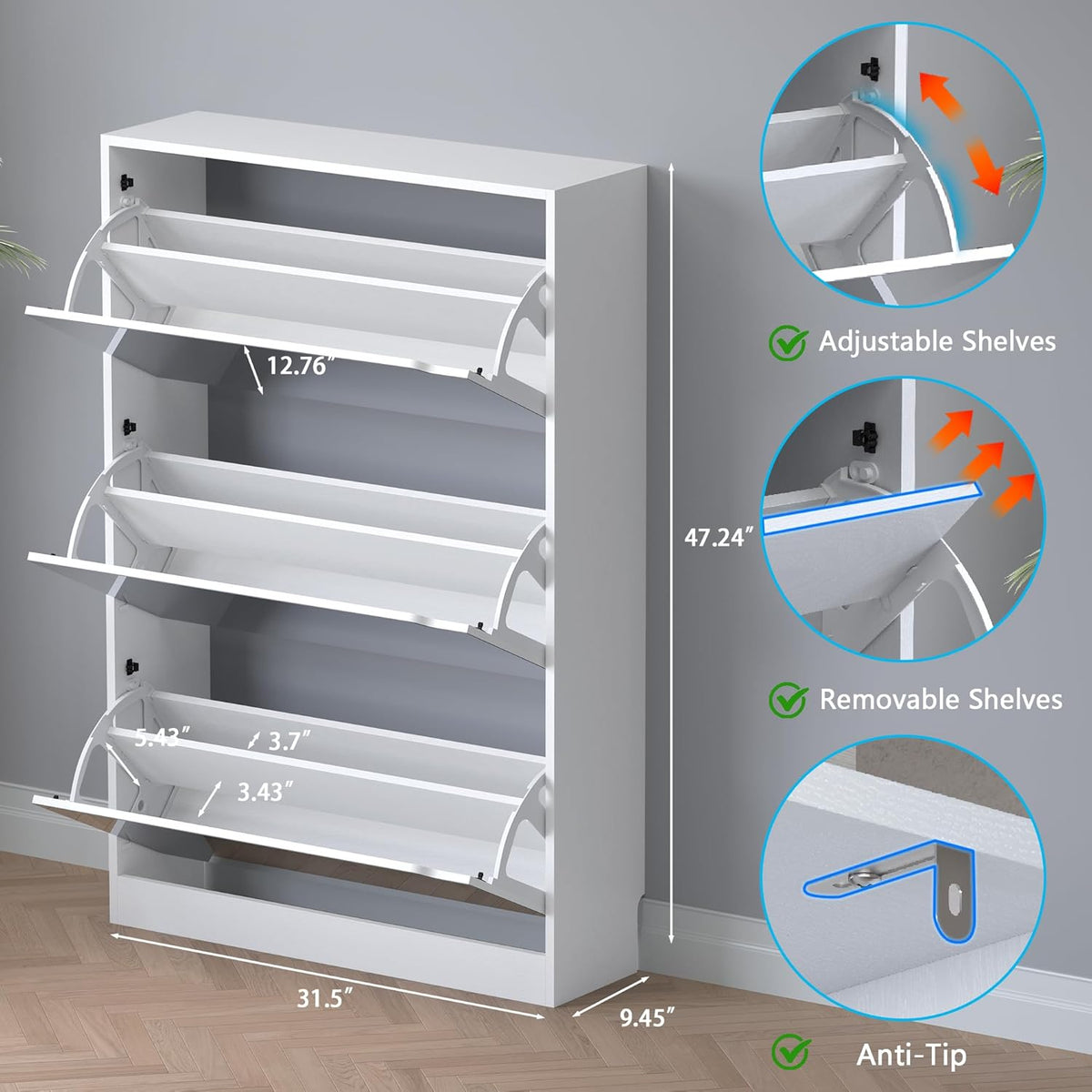 Shoe Cabinet with 3-Flip Mirror Drawers, Freestanding Shoe Rack Organizer with Hidden Handle, Slim