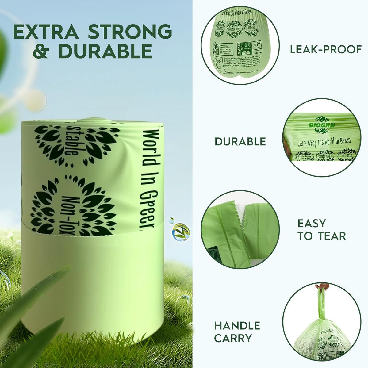 Compostable Trash Bags 1.2-1.6 Gallon Handle Tie 50 Count 0.6 Mil 6.06 Liter Small Compost Bags for