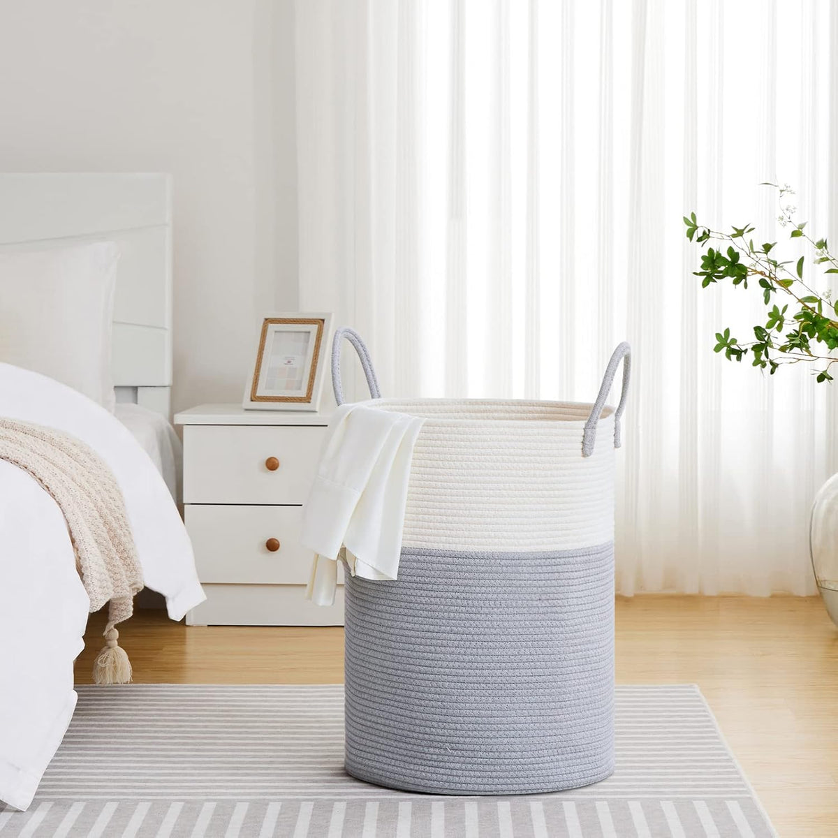 VIPOSCO Large Laundry Hamper, Tall Woven Rope Storage Basket for Blanket, Toys, Dirty Clothes in