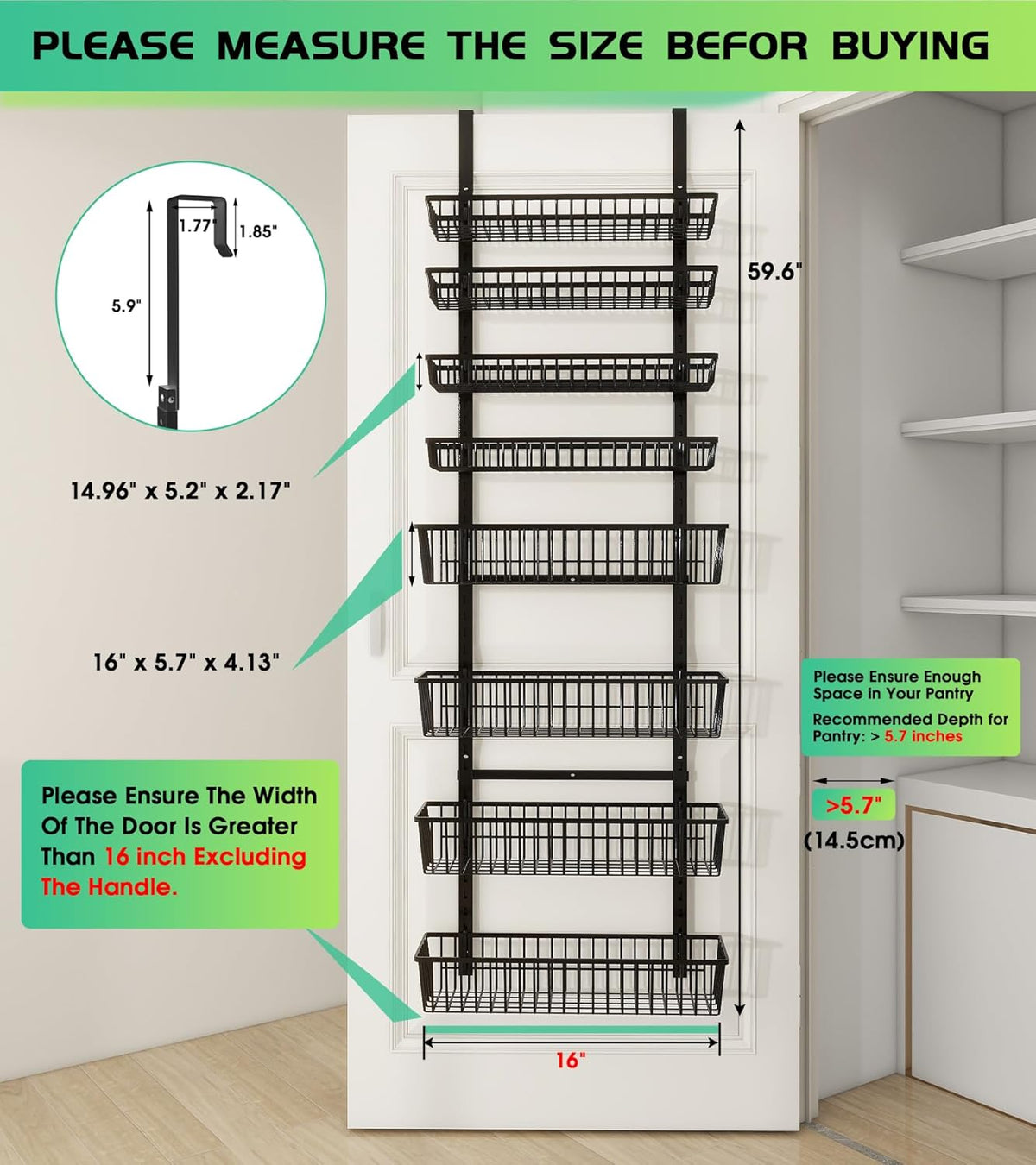 Over The Door Pantry Organizer, Pantry Organization and Storage, 8-Tier Deep Baskets Hanging