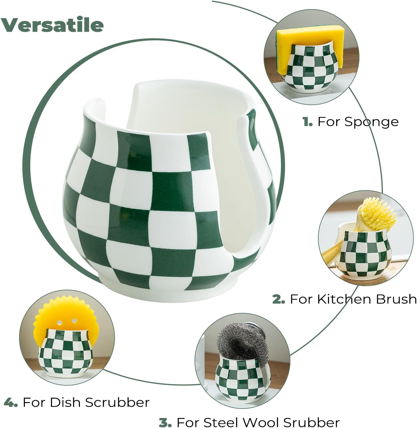 Kitchen Sponge Holder, Ceramic Sponge Organizer Checkered Scrubby Holder Sink Caddy Scrub Dish Rack