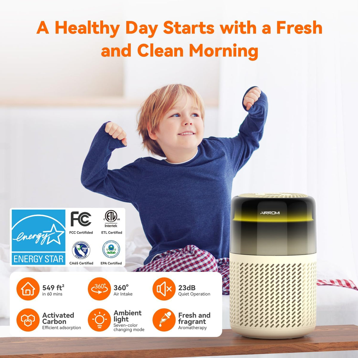 AIRROMI Air Purifier for Bedroom Home,HEPA Filter,Covers Upto 549 Ft²,Quiet 360°intake Air Cleaner