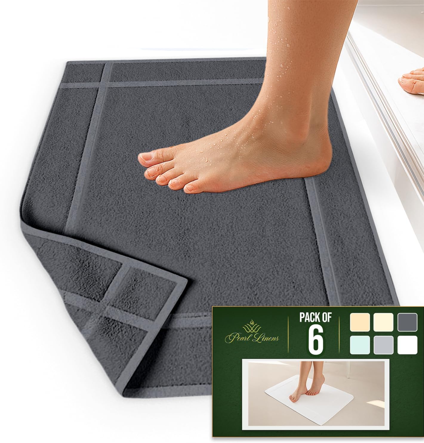 Pearl Linens Pack of 6 Washable Cotton Bath Mat 18x25 - Soft & Absorbent Quick Dry Bathroom Mat