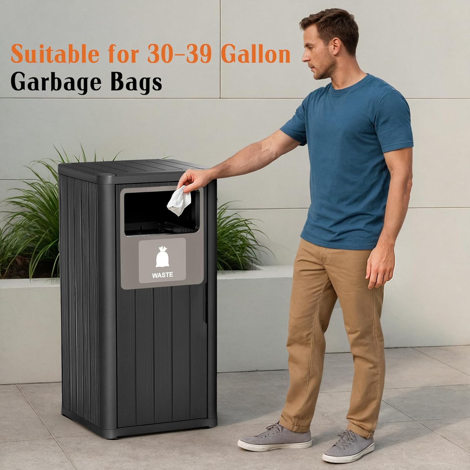 Outdoor Single Barrel Trash Can,Waterproof Resin Garbage Can with Garbage Labels,Durable Waste Bin