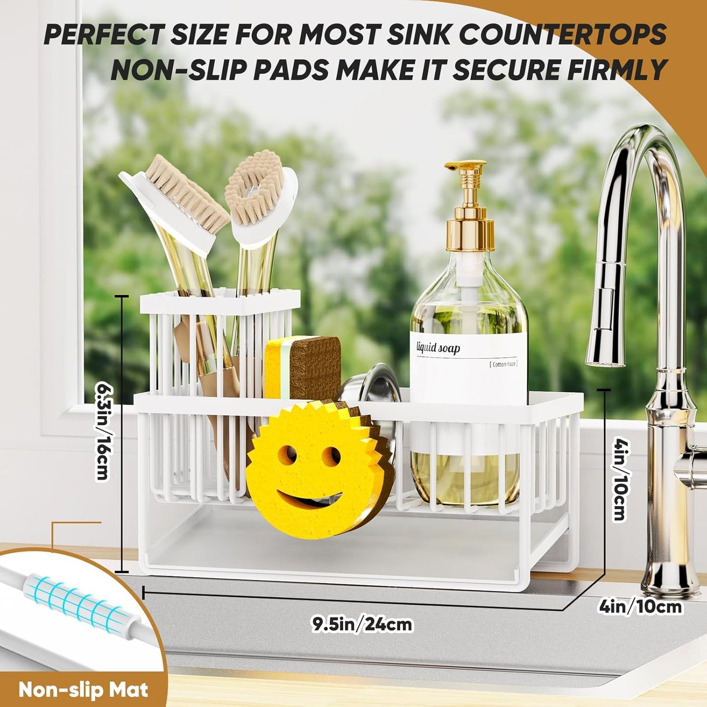 Sponge Holder for Kitchen Sink,Smiley Face Sink Caddy with Removable Brush Holder,Self-Draining