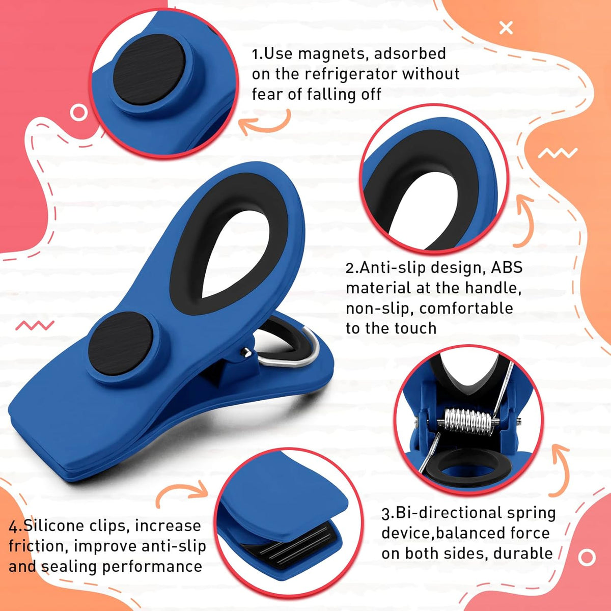 12 Pack Chip Clips, Colorful Magnetic Clip, Plastic Bag Clips with Airtight Seal Grip for Bread