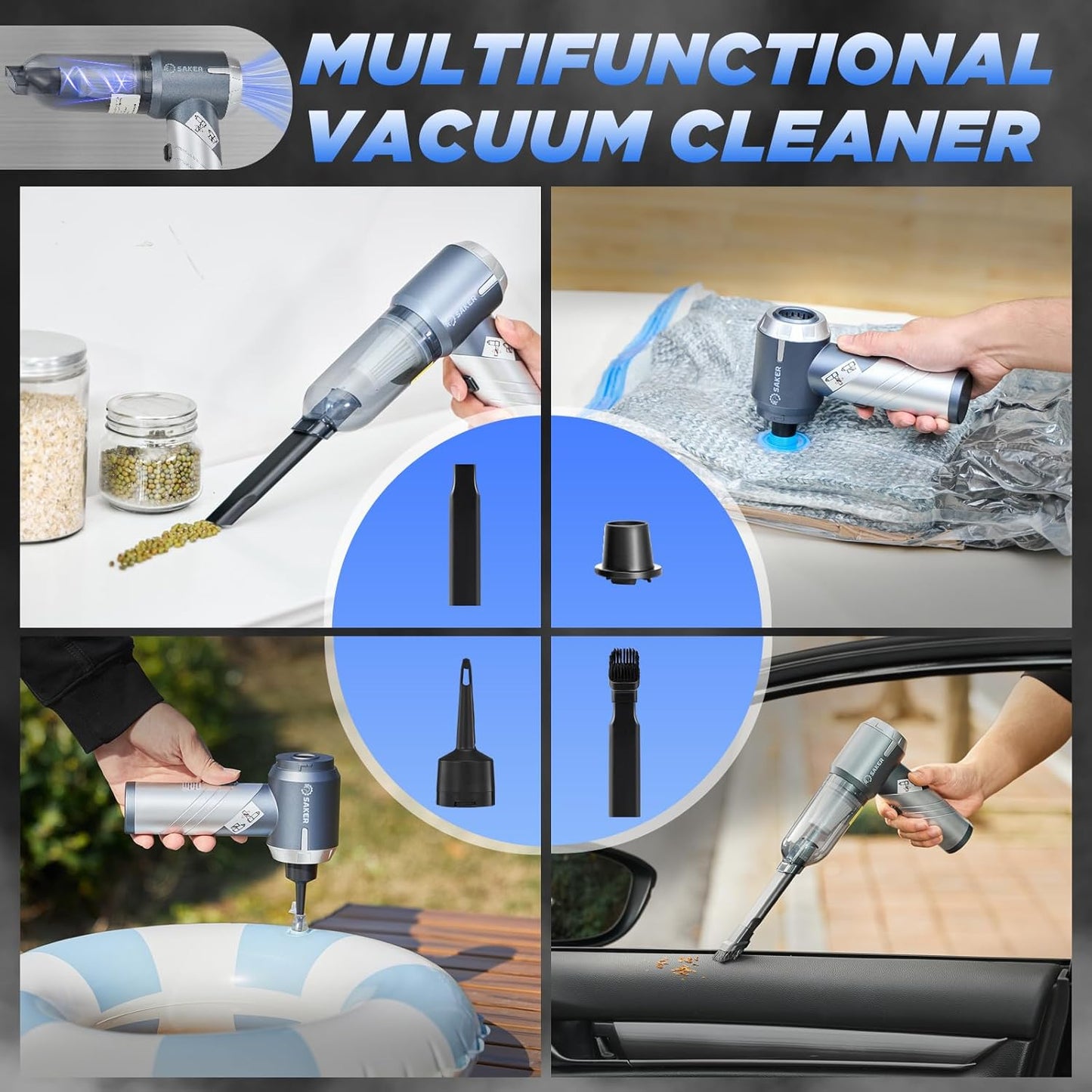 Saker Car Vacuum Cleaner 17000PA Foldable 3 in 1 Mini Handheld Vacuums Portable Cordless with