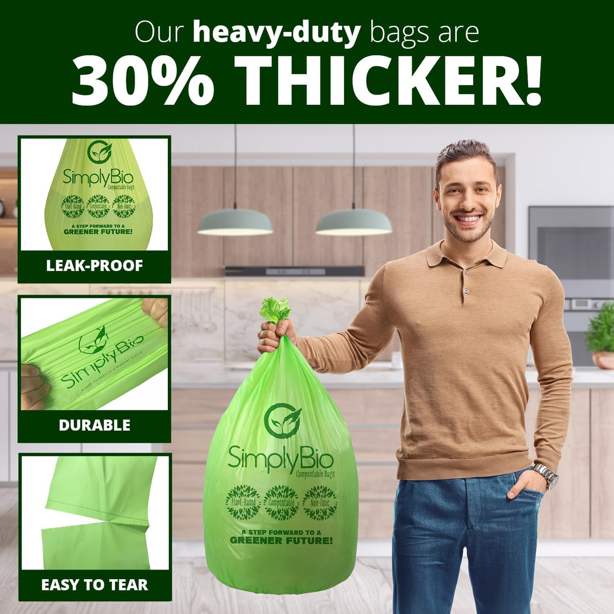 Simply Bio 13 Gallon Compostable Trash Bags Liners with Flat-Top, Thick 0.87 Mil, 49.21 Liter, 50
