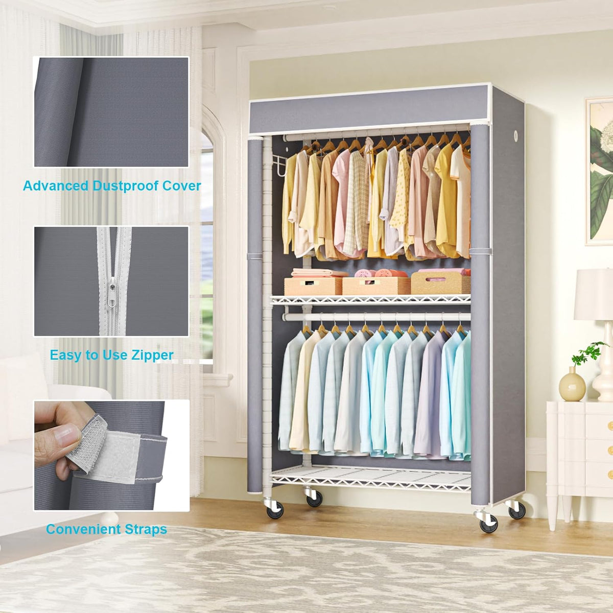 FUTASSI White Clothing Rack with Grey Cover, P1C Rolling Closet Rack with Wheels, Metal Garment