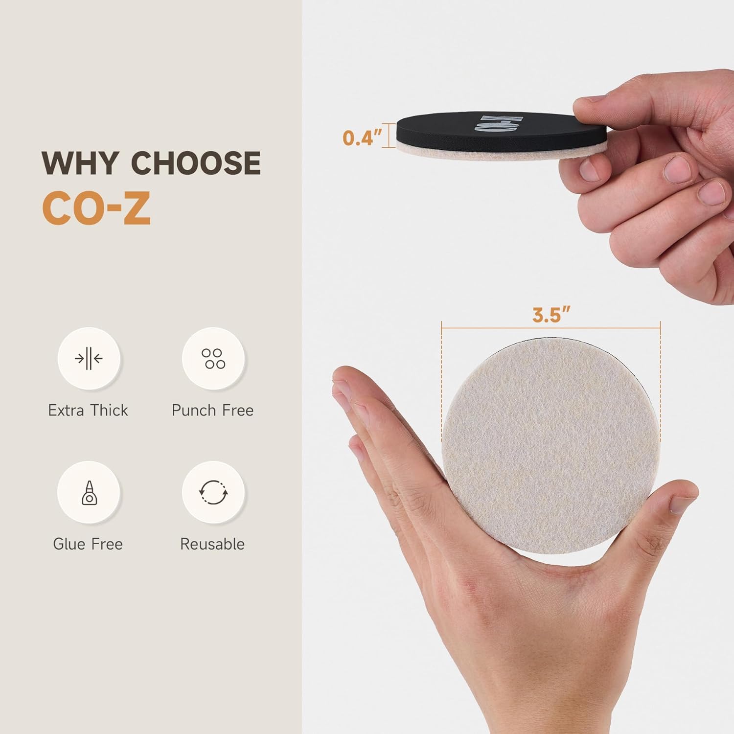 CO-Z 8pcs Felt Furniture Sliders for Hardwood Floors, 3 1/2 in Reusable Furniture Pads, Heavy