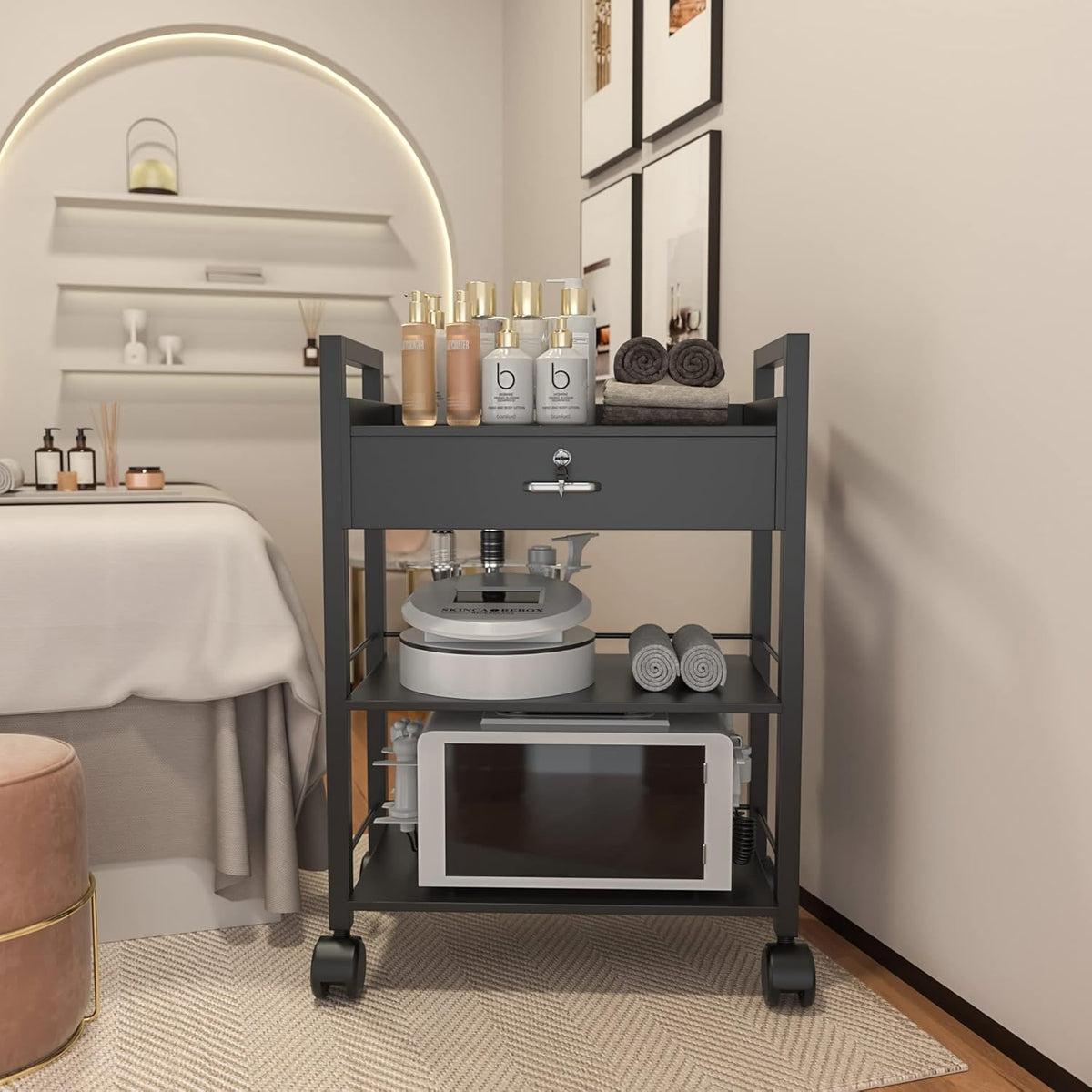 Paddie Salon Trolley Cart, Salon Tray Wooden Mobile Utility Cabinet with 1 Drawer 2 Trays, Rolling