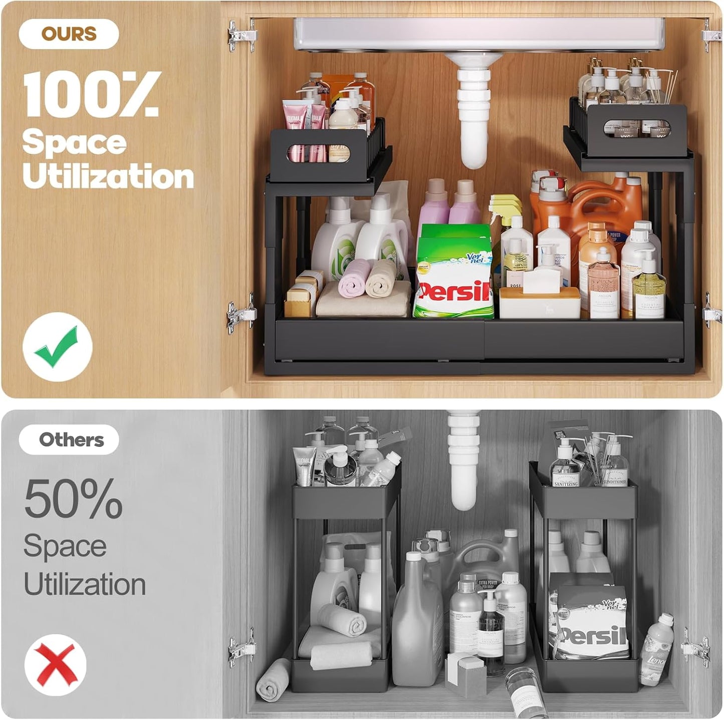 1 Pack Expandable Under Sink Organizers And Storage With Upgrade Ball-Bearing Slide Tracks,2-Tier