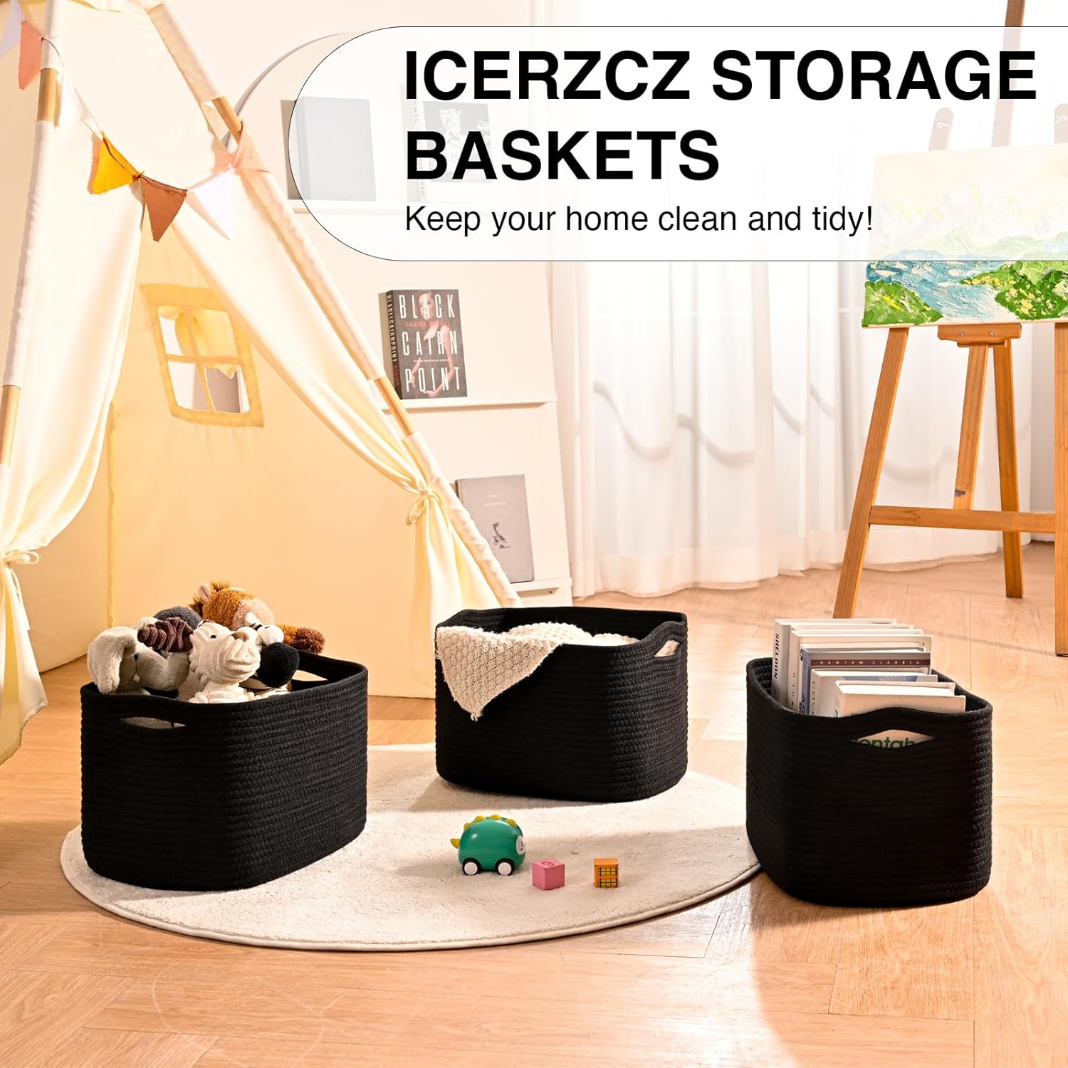 Black Storage Baskets for Organizing Shelves, Toy Basket for Nursery, Woven Cotton Rope Basket for