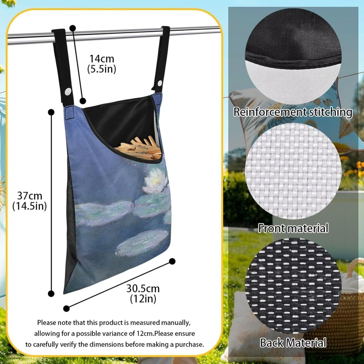 Outdoor Clothespin Storage Bag with Windproof Design - Monet Water Lilies Print Heavy Duty