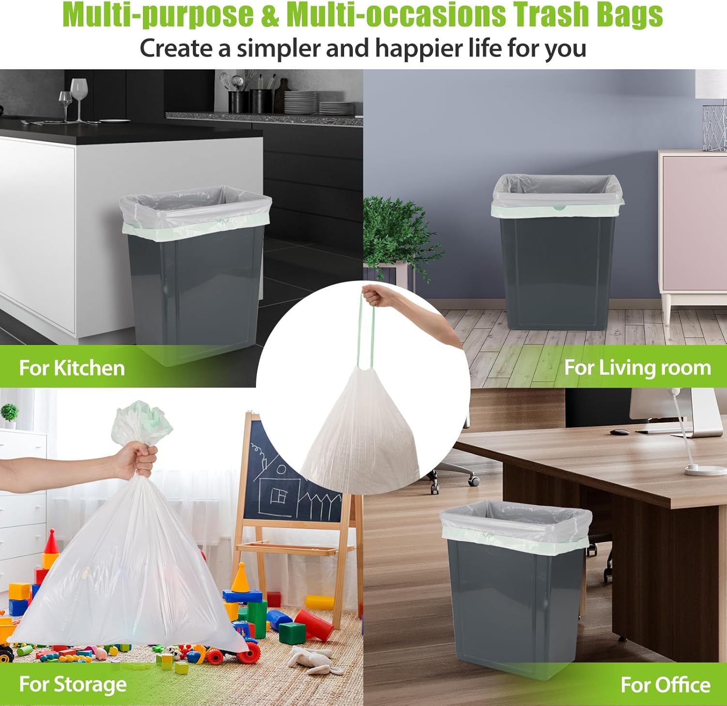 Large Trash Bags 13 Gallon Tall Drawstring 100% Post-Consumer Recycled Garbage Bag Waste Bag for