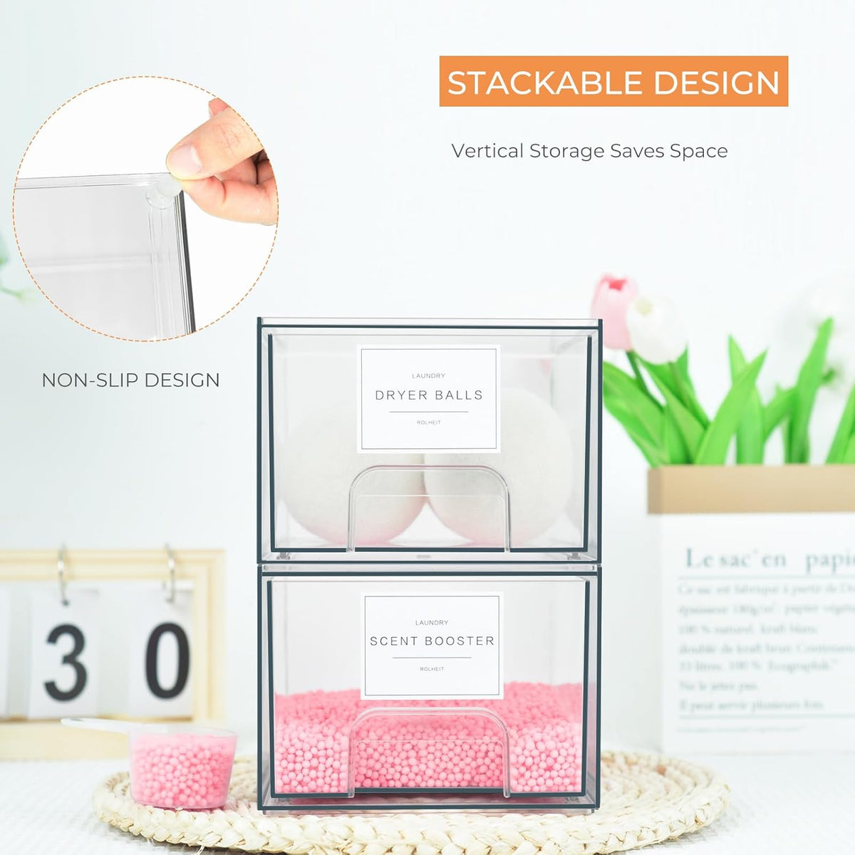 4 Pack Laundry Room Organization Storage Drawers with Labels, Clear Stackable Dryer Sheet Holder