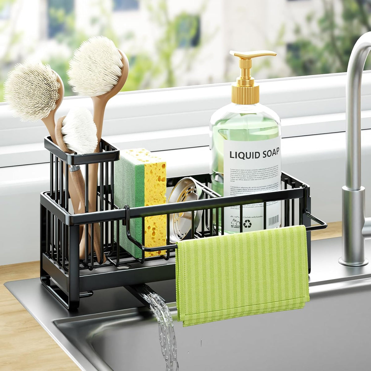 HapiRm Sponge Holder for Kitchen Sink - Self-draining Sink Caddy with Brush and Dishcloth Holders