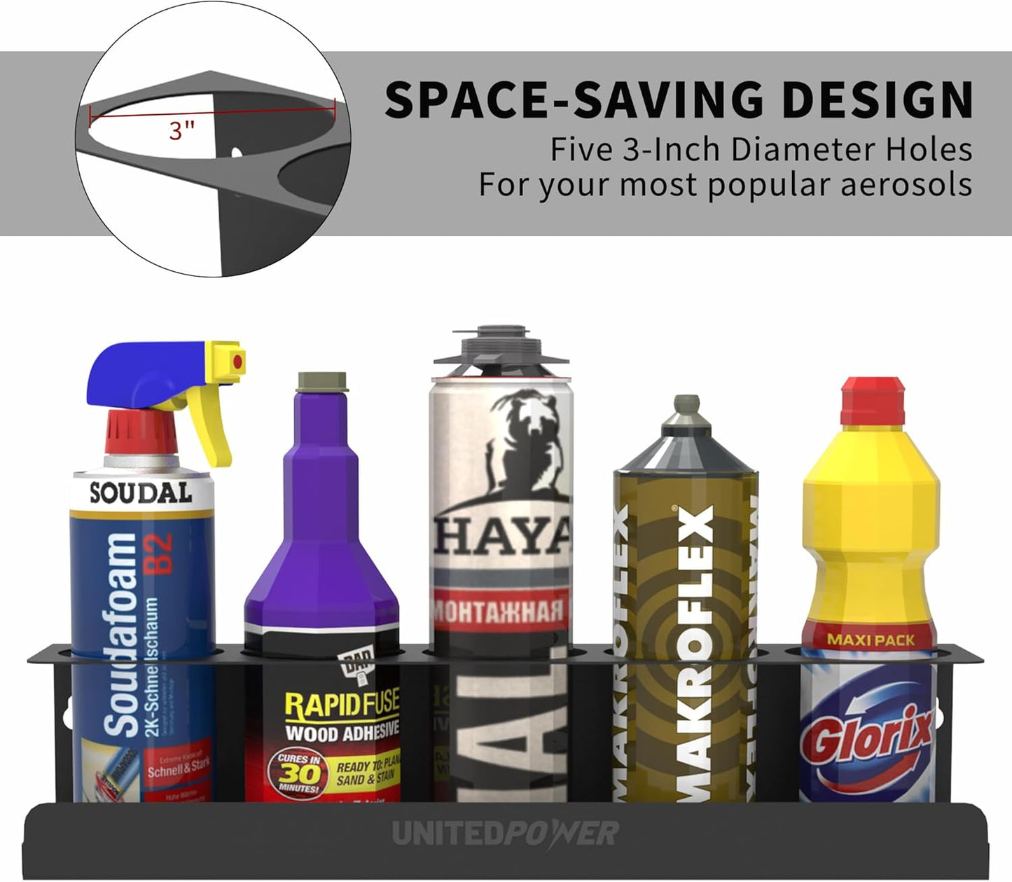 UNITEDPOWER 5 Aerosol Spray Can Holder, Paint Bottle Storage Rack, Steel Wall Mount Shelf, Tool