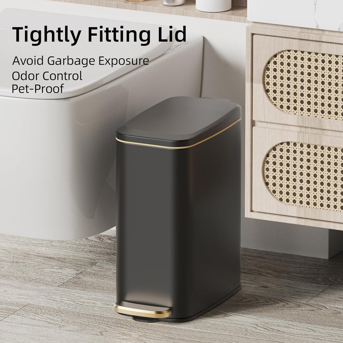 KUK Slim Bathroom Trash Can with Lid, 1.6 Gal / 6L Stainless Steel Small Garbage Bin with